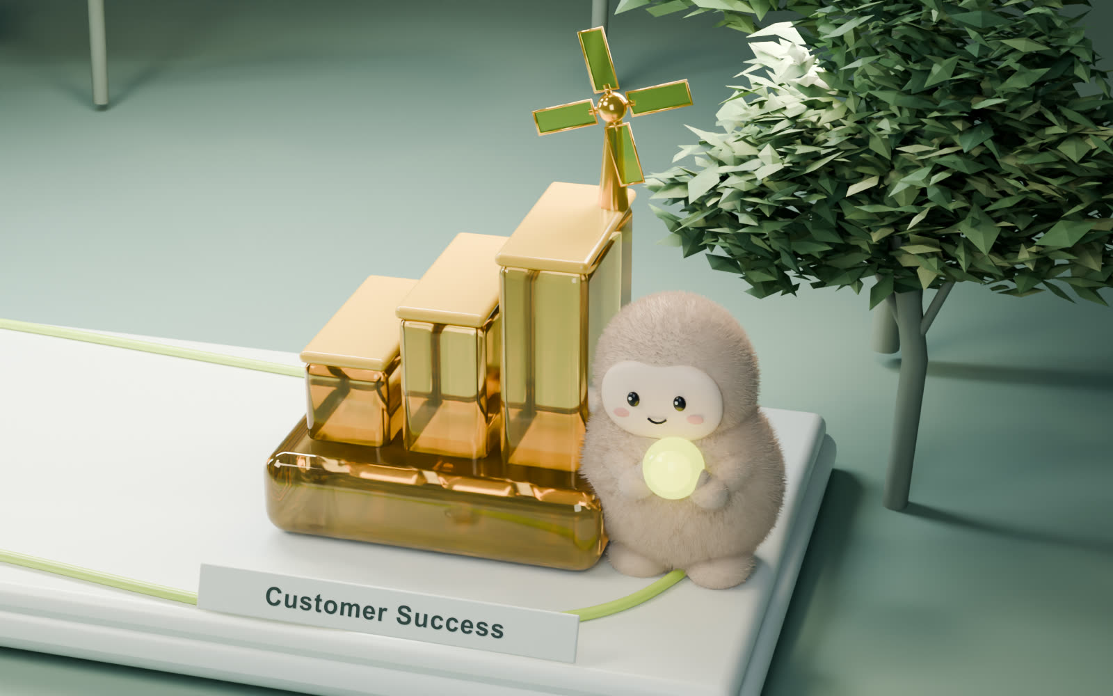 The citron ball bounces up the Customer Success steps, and Muse catches it and makes it glow.