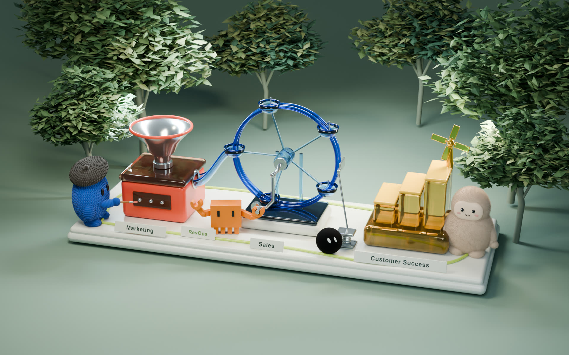 A bird drops a citron ball into the Marketing funnel and Dot presses the button. The ball rides the Sales wheel past Clawd, Grokbot launches it up the Customer Success steps, and Muse catches it and makes it glow. RevOps runs beside the green cord underneath.