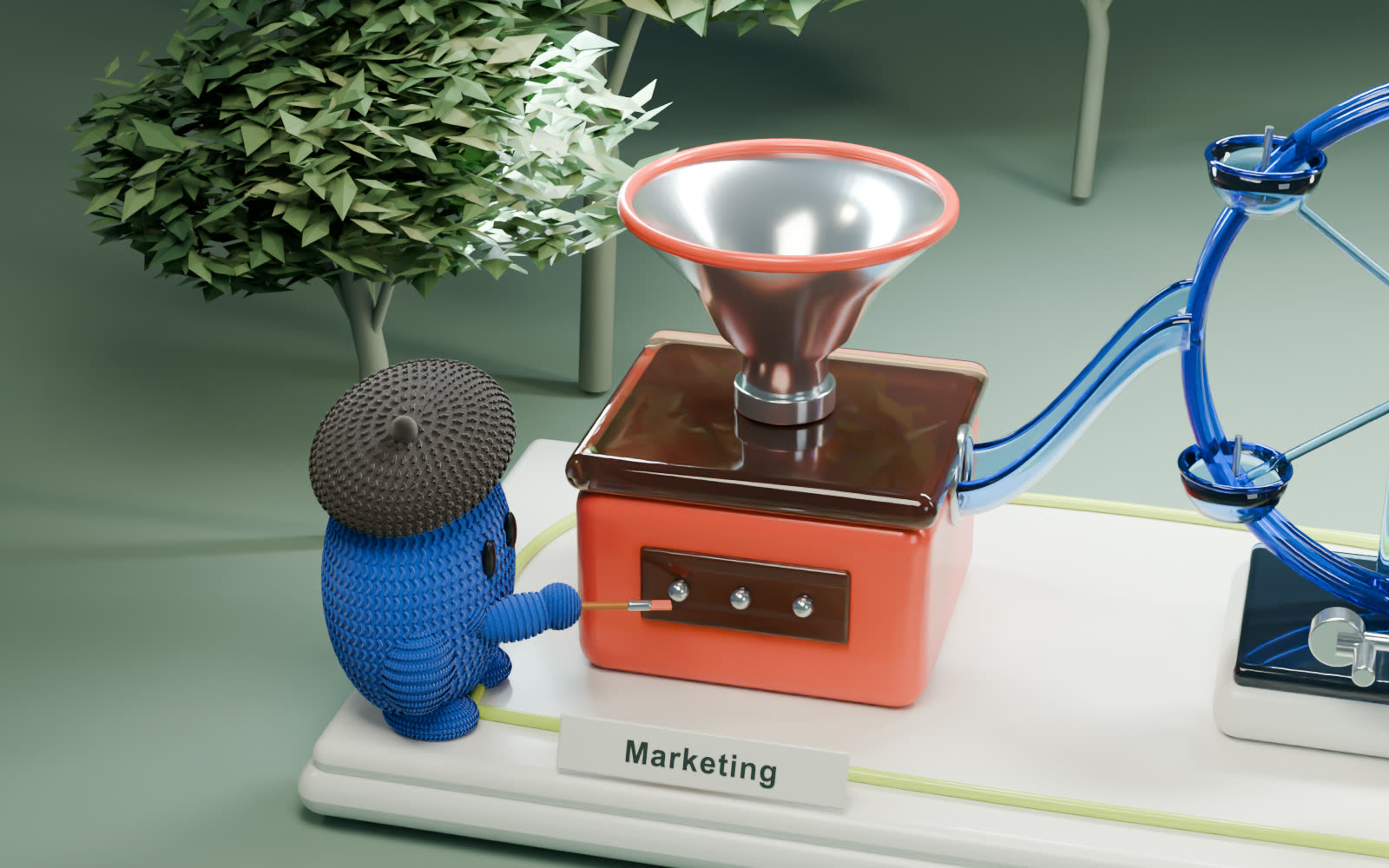 Dot presses the Marketing machine’s button with a brush, and the citron ball launches from the funnel into the glass path.
