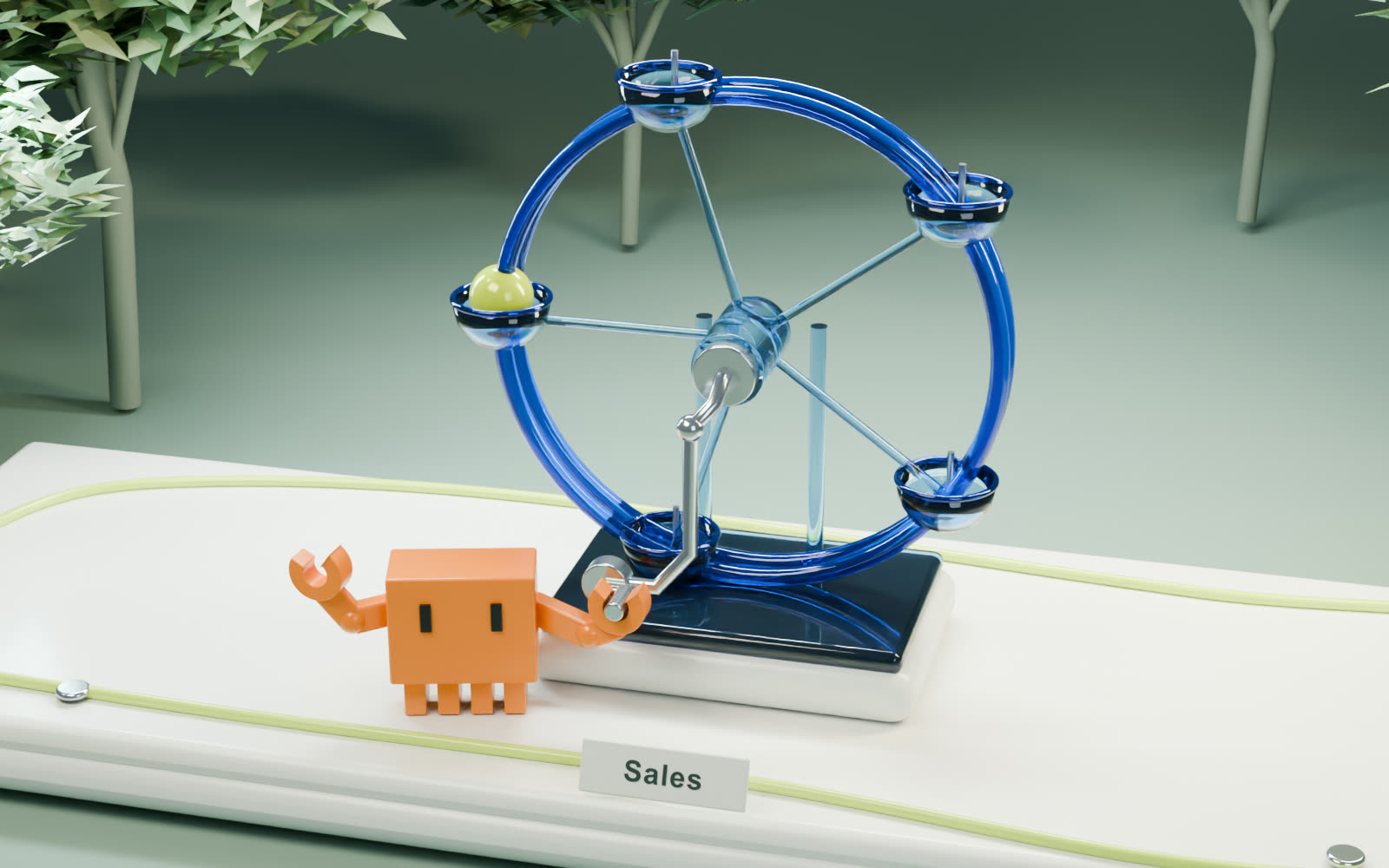 Clawd cranks the Sales glass wheel, carrying the citron ball through a full rotation.